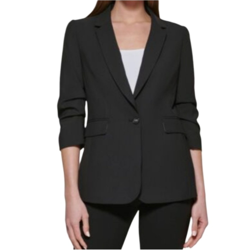 DKNY Women's Black Madison Ruched-Sleeve Suit Jacket Blazer Petite Sz 4 Career